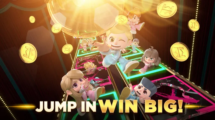 Retro-futuristic arcade game screen with neon lights and a player's hand on a joystick